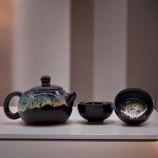 Herbal Black Glaze Teapot Set - Pot & Two Cups - Image 2