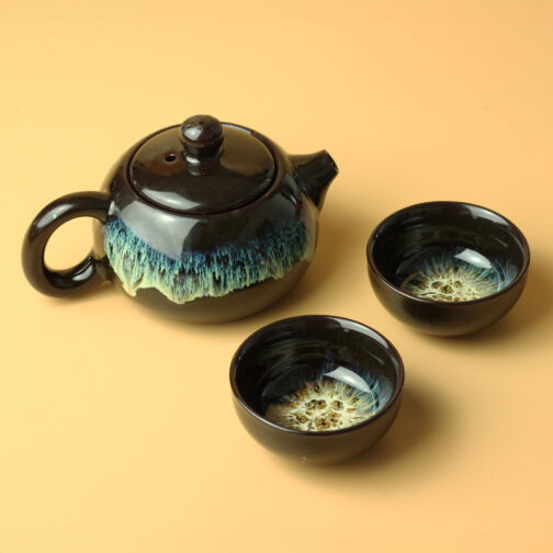 Herbal Black Glaze Teapot Set - Pot & Two Cups - Image 4